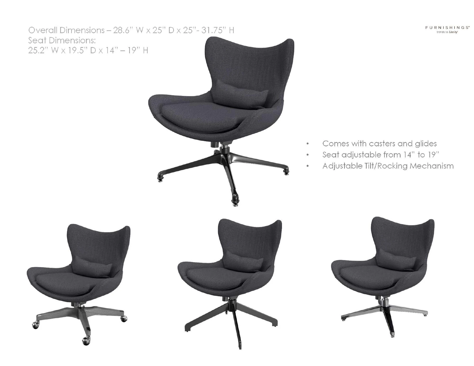 Hybrid Chair Concepts — • Comes with casters and glides
• Seat adjustable from 14” to 19”
• Adjustable Tilt/Rocking Mechanism
Hybrid Chair
Overa