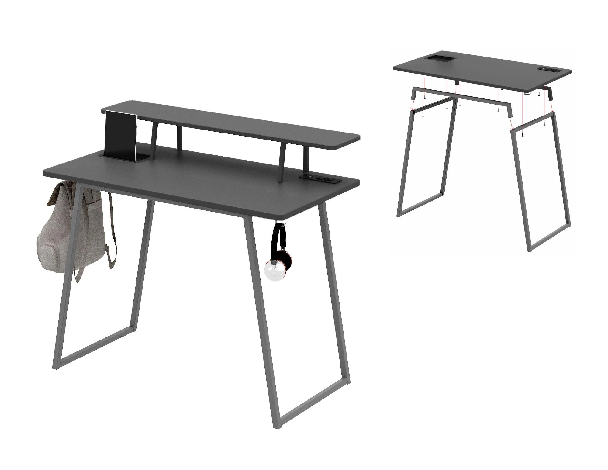 Entry Level Gaming Desks — Gaming Desk
44″ W x 20″ D x 30″ H
o AC outlet/USB A/C
o Accessory tray
o Accessory hooks
o Slide in easy assembly
o Full