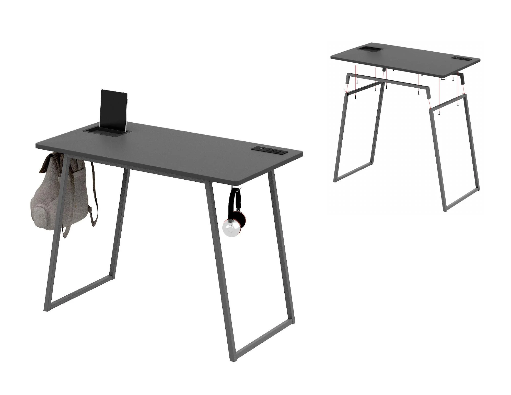Entry Level Gaming Desks — Gaming Desk
44″ W x 20″ D x 30″ H
o AC outlet/USB A/C
o Accessory tray
o Accessory hooks
o Slide in easy
assembly
o Blue