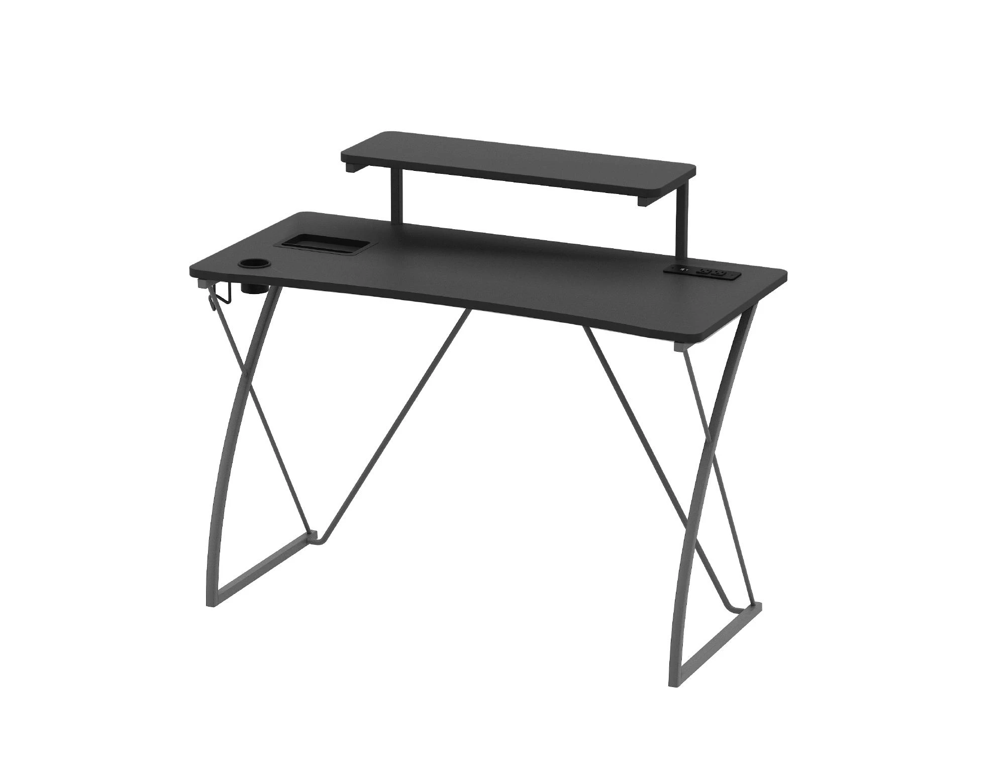 Entry Level Gaming Desks — Gaming Desk
44″ W x 20″ D x 36″ H
o AC outlet/USB A/C
o Accessory tray
o Cup holder
o Accessory hooks
o 28" width monito
