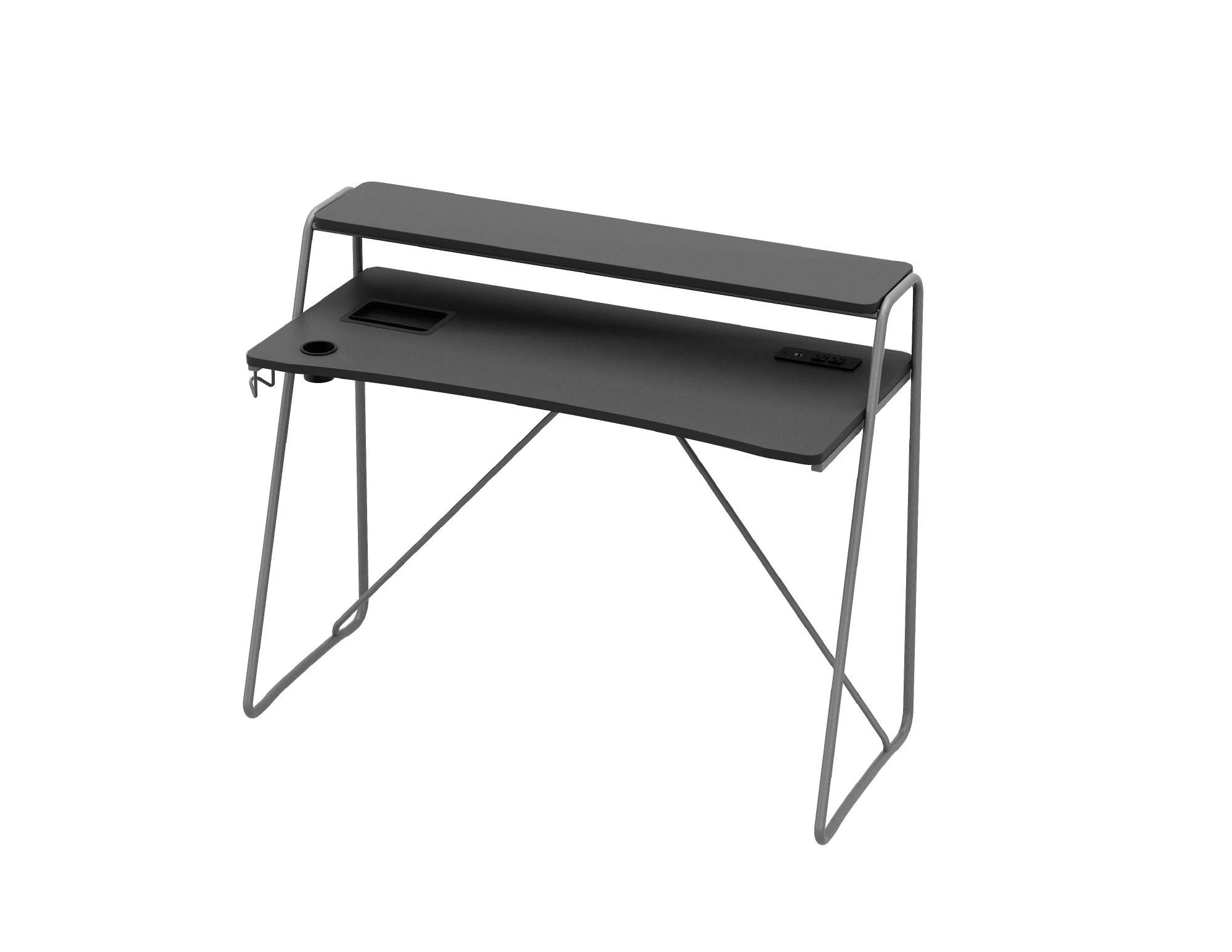 Entry Level Gaming Desks — Gaming Desk
40″ W x 20″ D x 36″ H
o AC outlet/USB A/C
o Accessory tray
o Accessory hooks
o Cup Holder
o Full width monit