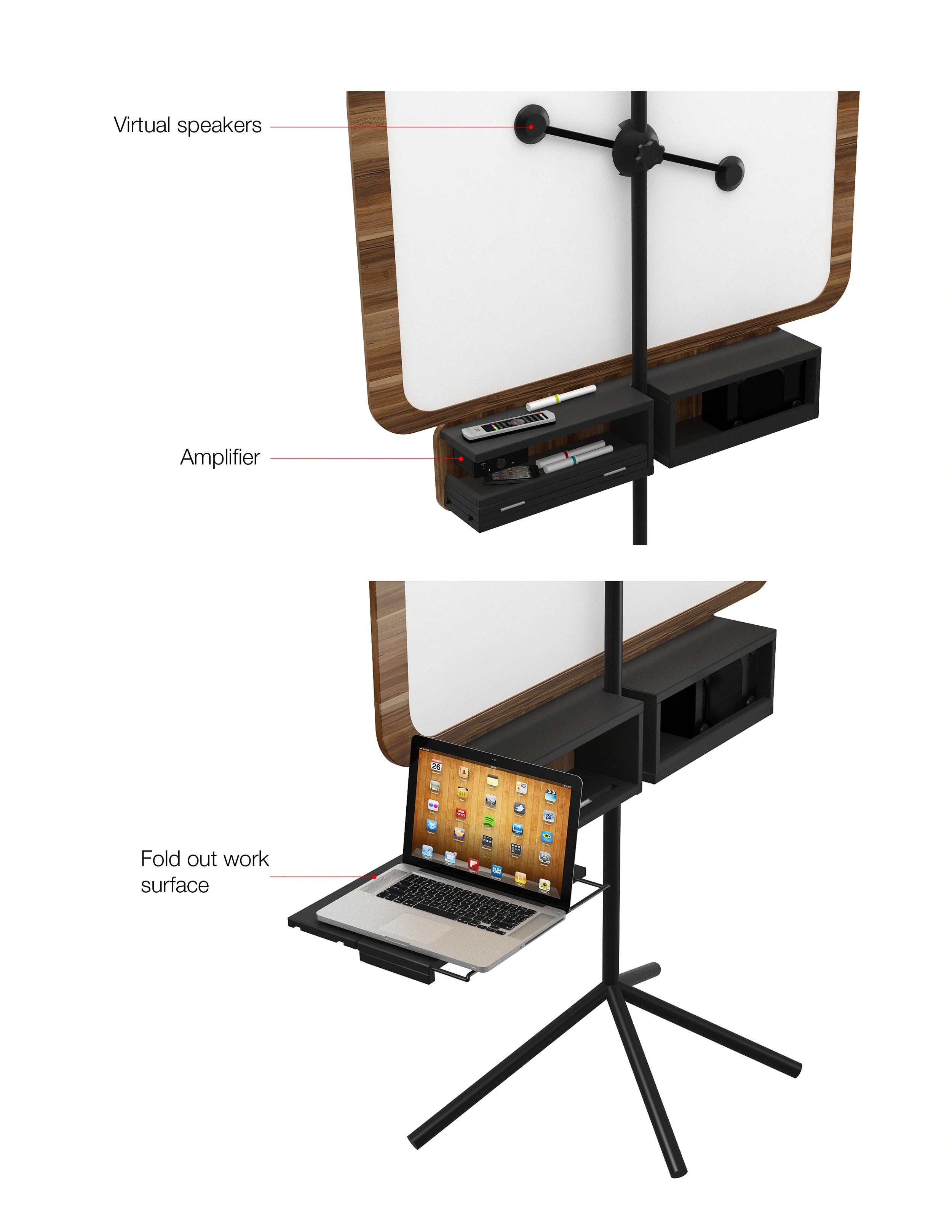Whiteboard Audio System — Virtual speaker is based on haptic technology. It provides full range frequencies, room filling and crystal clear sound.