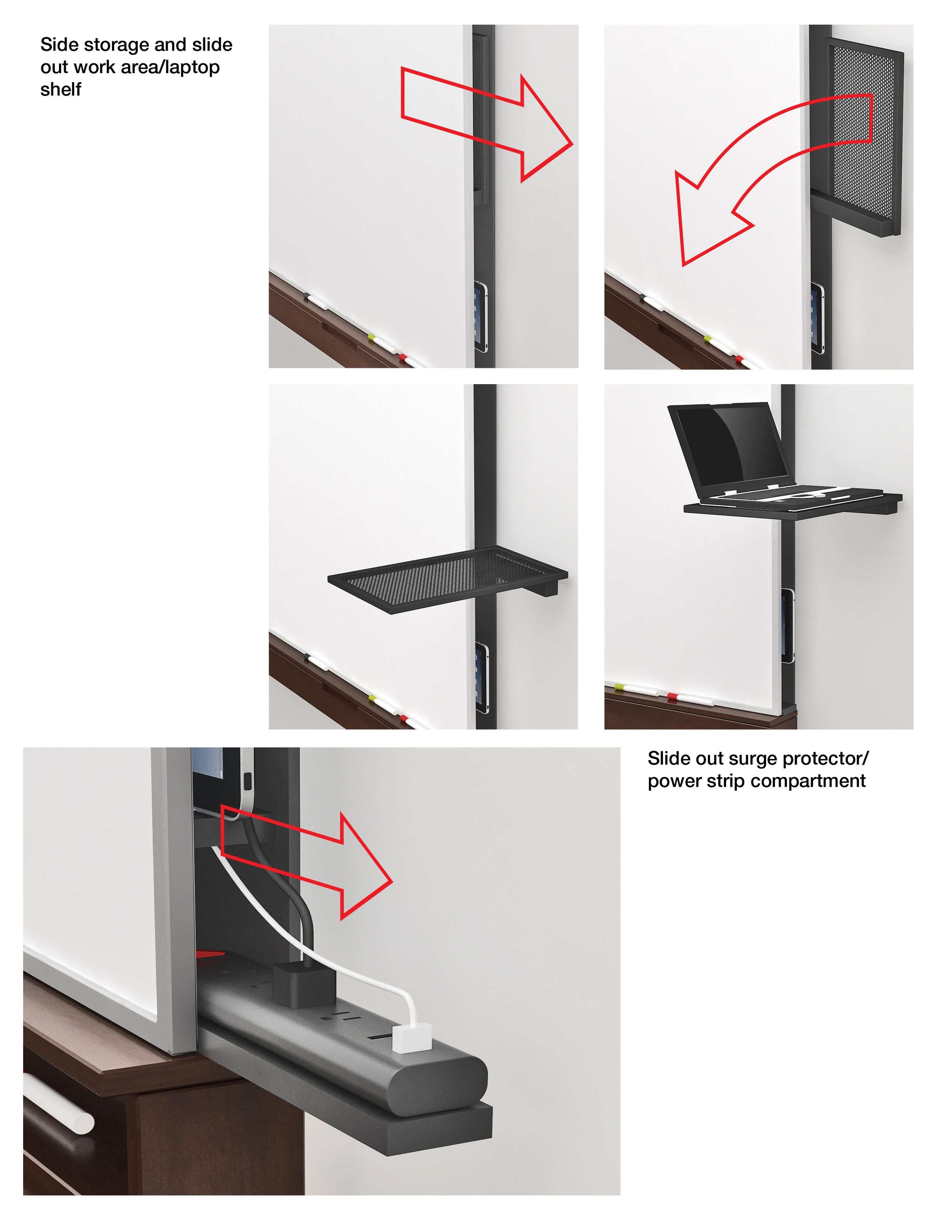 Whiteboard Audio System — Side storage and slide-out work area/laptop shelf. Slide-out surge protector/power strip compartment.