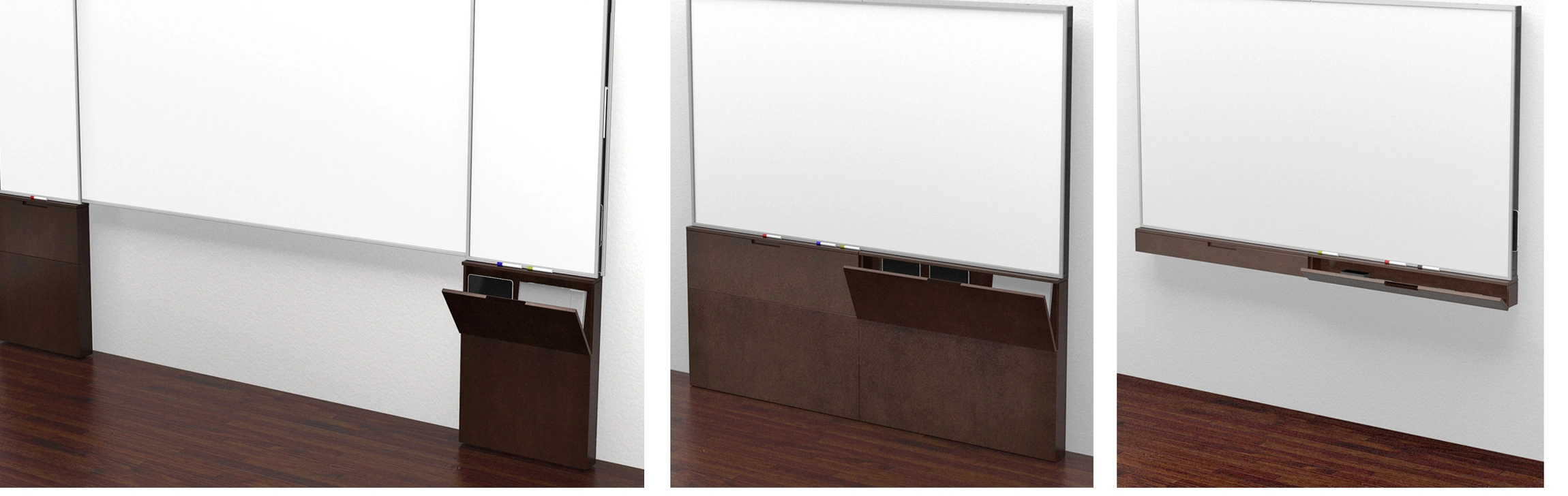 Whiteboard Audio System — Right and left storage systems with integrated Bluetooth audio can be installed over an existing whiteboard. Integrated 